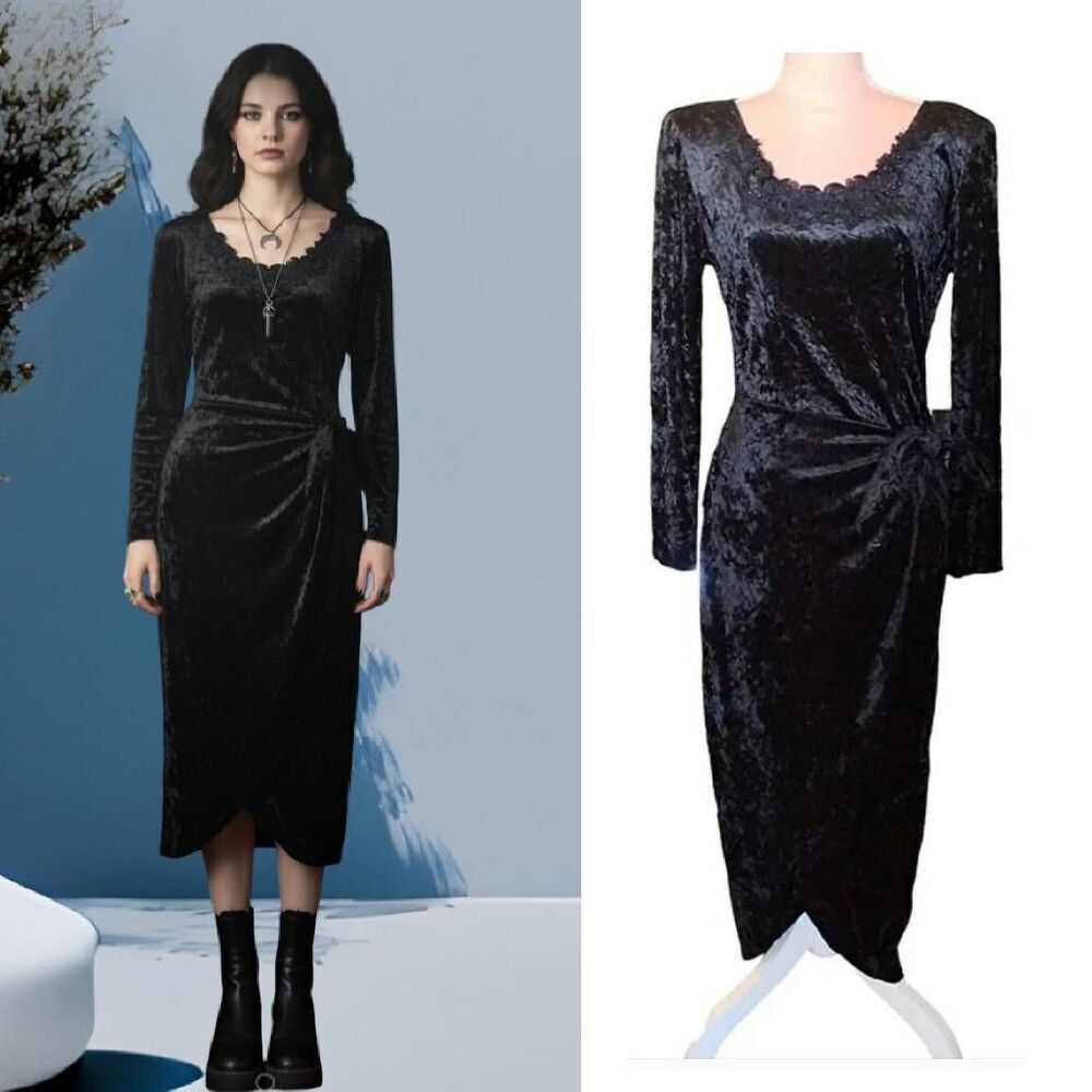 VTG 90s Black Velvet Long Sleeve Whimsigoth Midi Wrap Dress Medium